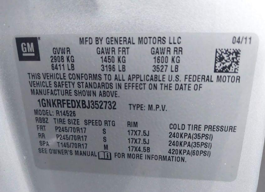 Photo 9 of 2011 Chevrolet Traverse LS (VIN 1GNKRFEDXBJ352732)