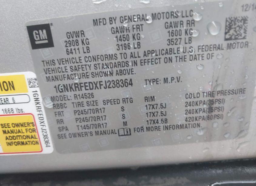 Photo 9 of 2015 Chevrolet Traverse LS (VIN 1GNKRFEDXFJ238364)