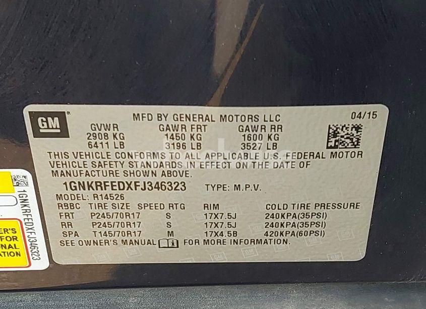 Photo 9 of 2015 Chevrolet Traverse LS (VIN 1GNKRFEDXFJ346323)