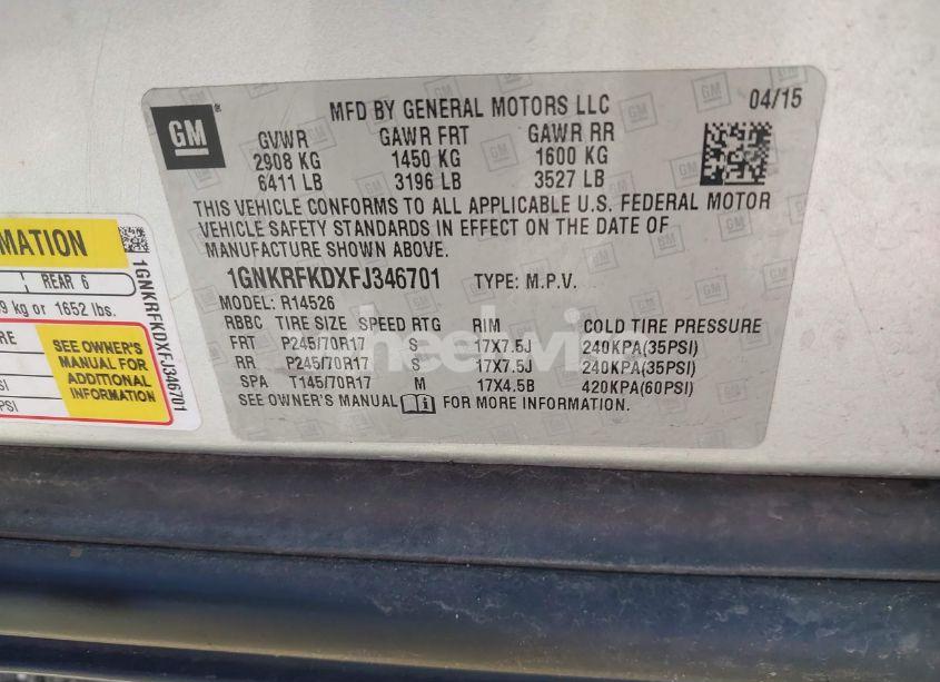 Photo 9 of 2015 Chevrolet Traverse LS (VIN 1GNKRFKDXFJ346701)