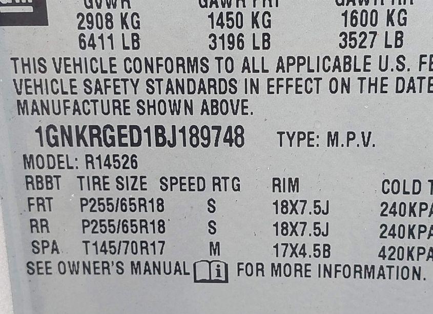 Photo 9 of 2011 Chevrolet Traverse 1LT (VIN 1GNKRGED1BJ189748)