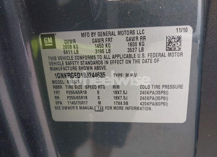 Photo 9 of 2011 Chevrolet Traverse 1LT (VIN 1GNKRGED1BJ244635)