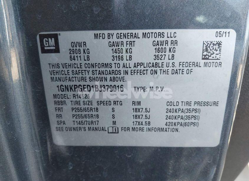 Photo 9 of 2011 Chevrolet Traverse 1LT (VIN 1GNKRGED1BJ379016)