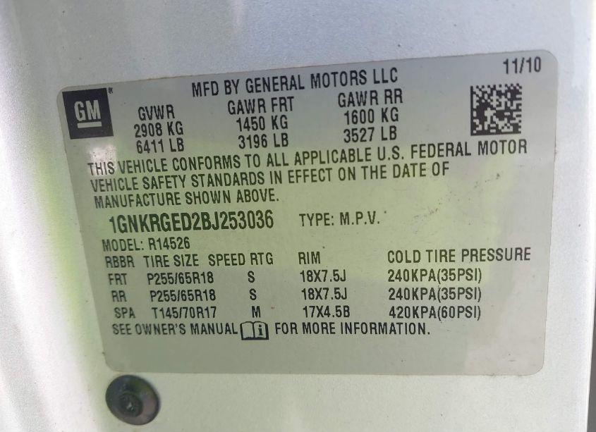 Photo 9 of 2011 Chevrolet Traverse 1LT (VIN 1GNKRGED2BJ253036)