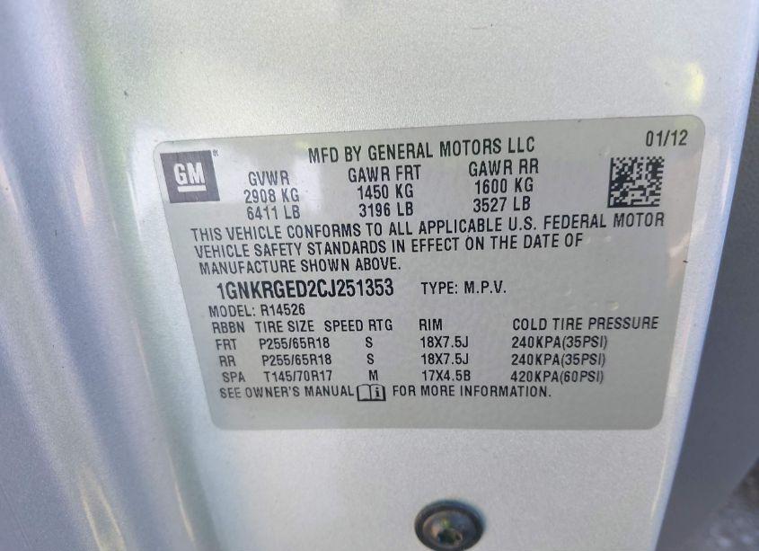 Photo 9 of 2012 Chevrolet Traverse 1LT (VIN 1GNKRGED2CJ251353)