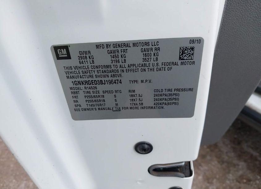 Photo 9 of 2011 Chevrolet Traverse 1LT (VIN 1GNKRGED3BJ196474)