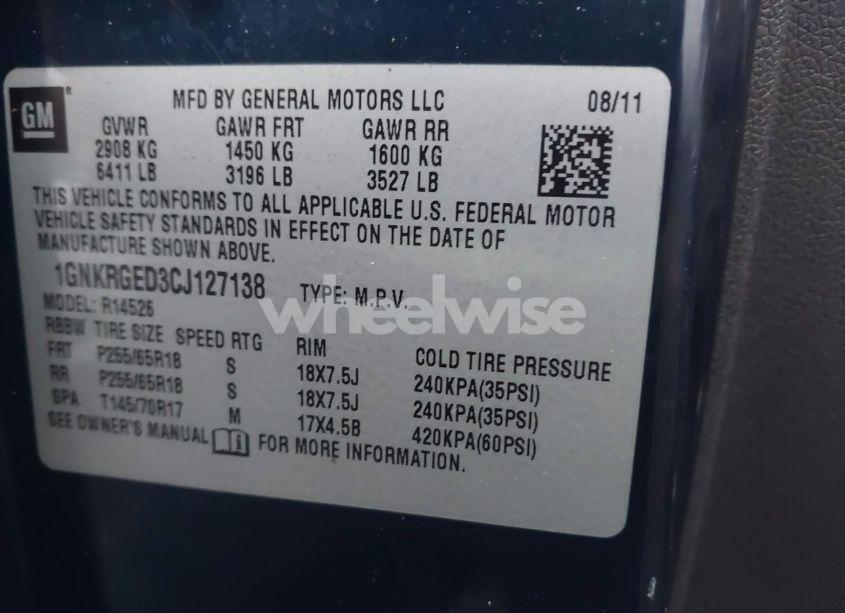 Photo 9 of 2012 Chevrolet Traverse 1LT (VIN 1GNKRGED3CJ127138)