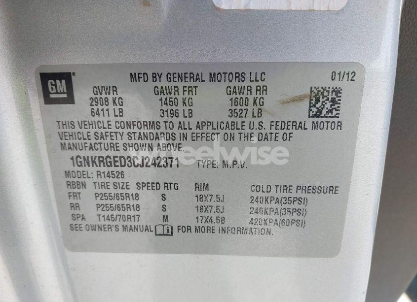 Photo 9 of 2012 Chevrolet Traverse 1LT (VIN 1GNKRGED3CJ242371)