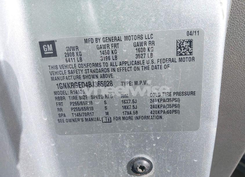 Photo 9 of 2011 Chevrolet Traverse 1LT (VIN 1GNKRGED4BJ365028)