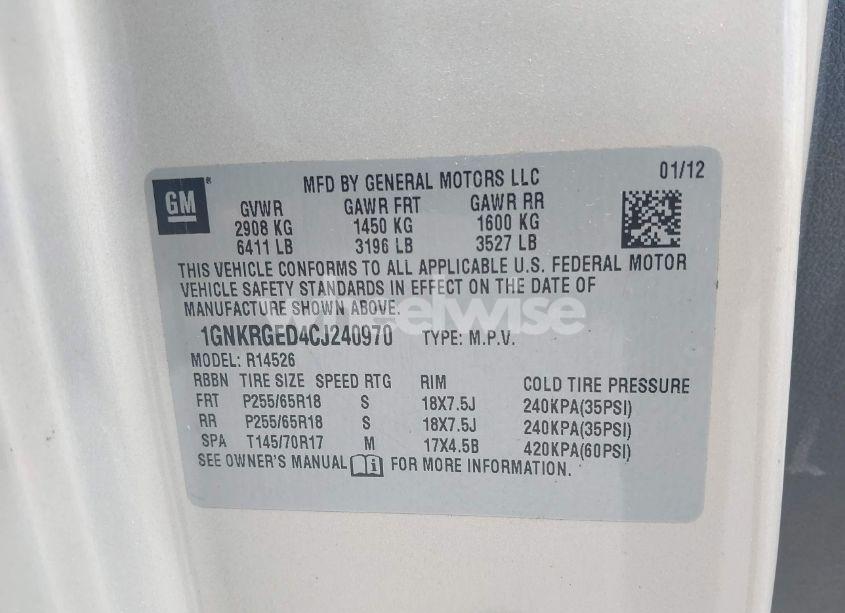 Photo 9 of 2012 Chevrolet Traverse 1LT (VIN 1GNKRGED4CJ240970)