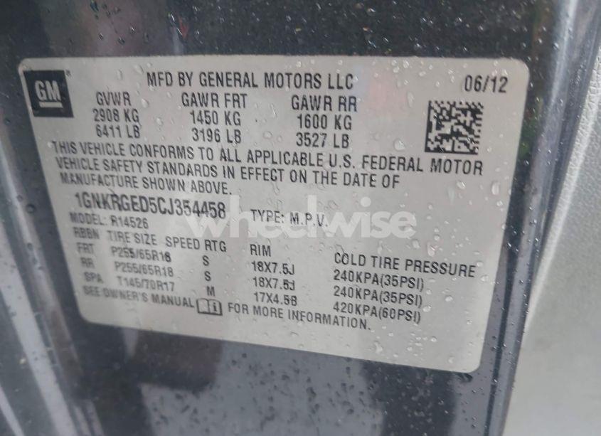 Photo 9 of 2012 Chevrolet Traverse 1LT (VIN 1GNKRGED5CJ354458)