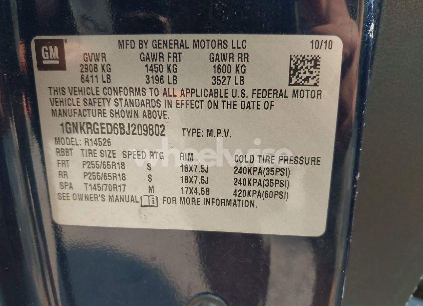 Photo 9 of 2011 Chevrolet Traverse 1LT (VIN 1GNKRGED6BJ209802)