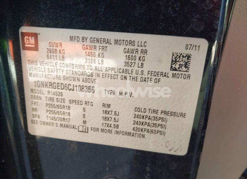 Photo 9 of 2012 Chevrolet Traverse 1LT (VIN 1GNKRGED6CJ108356)