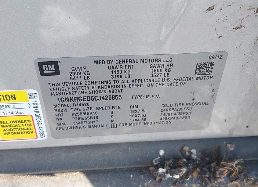 Photo 9 of 2012 Chevrolet Traverse 1LT (VIN 1GNKRGED6CJ420855)