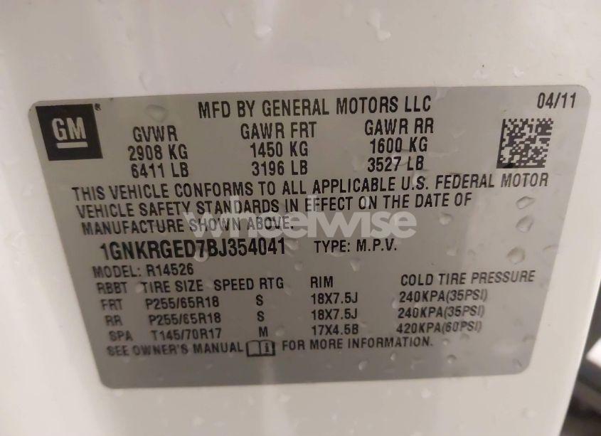 Photo 9 of 2011 Chevrolet Traverse 1LT (VIN 1GNKRGED7BJ354041)