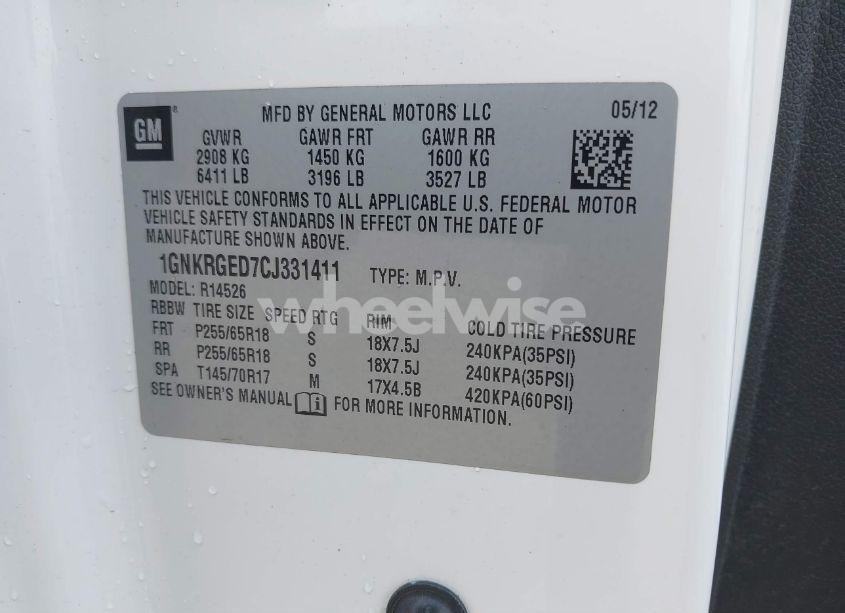 Photo 9 of 2012 Chevrolet Traverse 1LT (VIN 1GNKRGED7CJ331411)