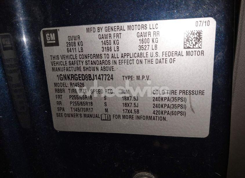 Photo 9 of 2011 Chevrolet Traverse 1LT (VIN 1GNKRGED8BJ147724)