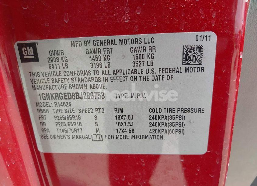 Photo 9 of 2011 Chevrolet Traverse 1LT (VIN 1GNKRGED8BJ286753)