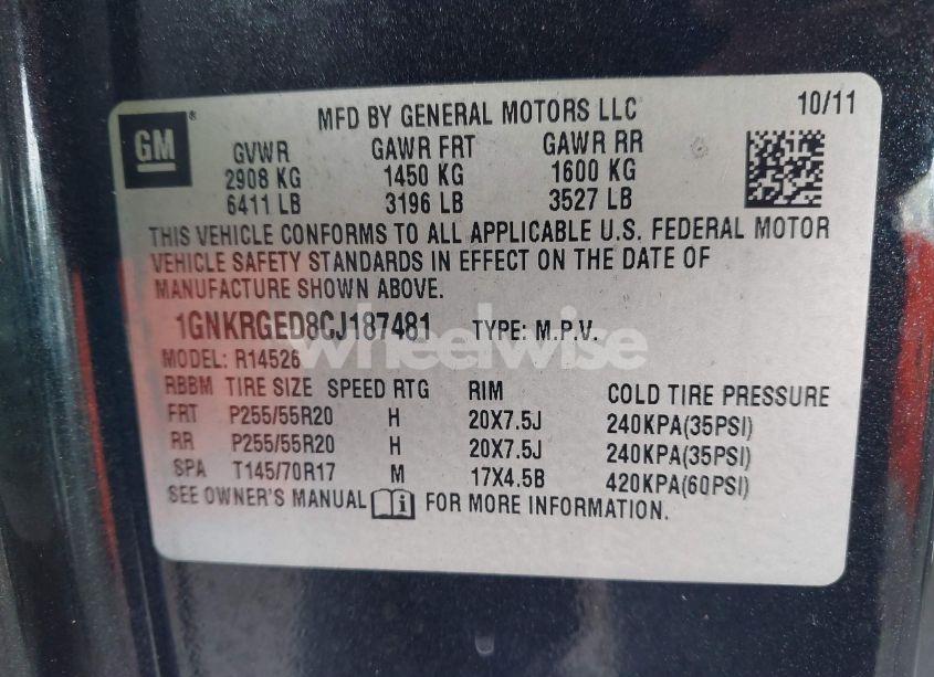 Photo 9 of 2012 Chevrolet Traverse 1LT (VIN 1GNKRGED8CJ187481)