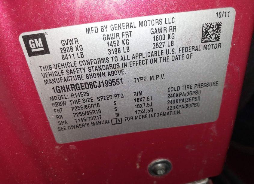 Photo 9 of 2012 Chevrolet Traverse 1LT (VIN 1GNKRGED8CJ199551)