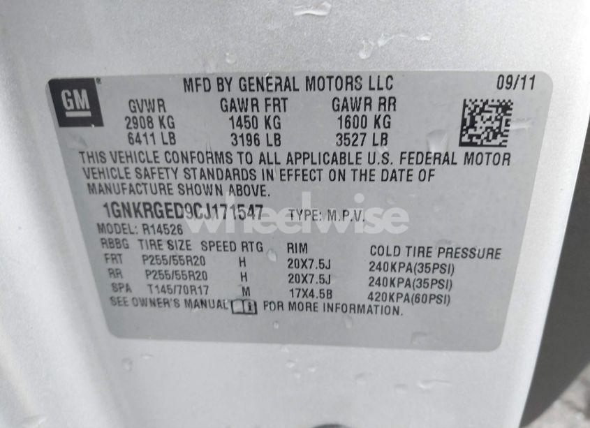 Photo 9 of 2012 Chevrolet Traverse 1LT (VIN 1GNKRGED9CJ171547)