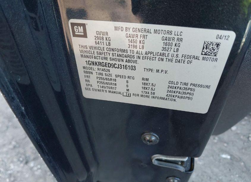 Photo 9 of 2012 Chevrolet Traverse 1LT (VIN 1GNKRGED9CJ316103)