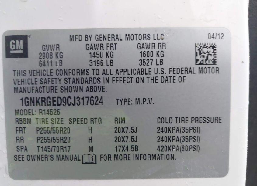 Photo 9 of 2012 Chevrolet Traverse 1LT (VIN 1GNKRGED9CJ317624)