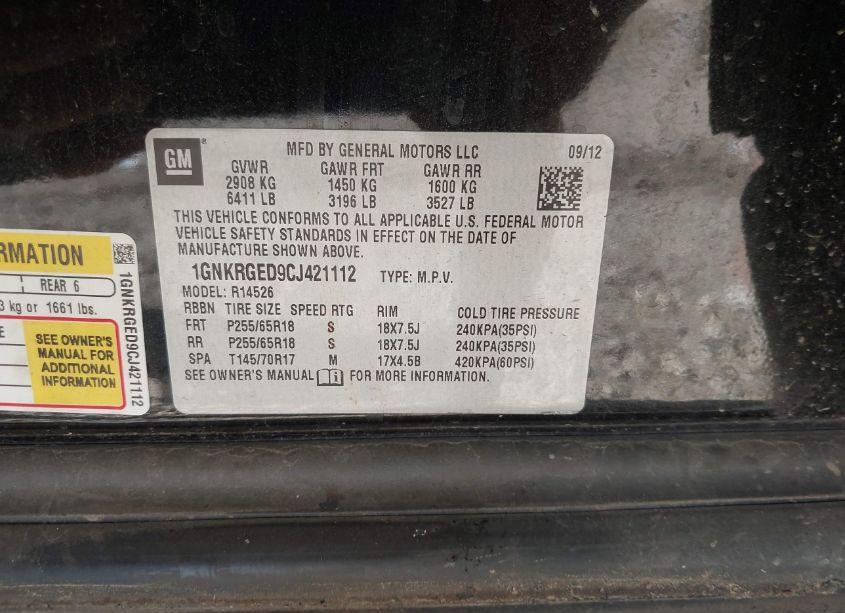 Photo 9 of 2012 Chevrolet Traverse 1LT (VIN 1GNKRGED9CJ421112)