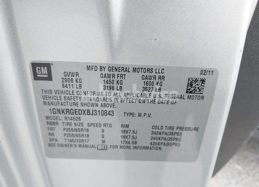 Photo 9 of 2011 Chevrolet Traverse 1LT (VIN 1GNKRGEDXBJ310843)