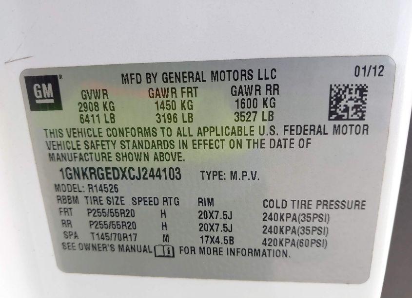 Photo 9 of 2012 Chevrolet Traverse 1LT (VIN 1GNKRGEDXCJ244103)