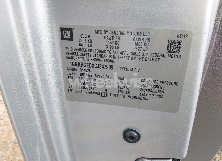 Photo 9 of 2012 Chevrolet Traverse 1LT (VIN 1GNKRGEDXCJ347909)