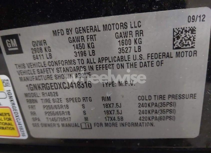 Photo 9 of 2012 Chevrolet Traverse 1LT (VIN 1GNKRGEDXCJ418316)