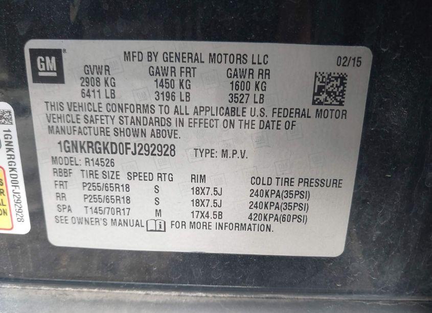 Photo 9 of 2015 Chevrolet Traverse 1LT (VIN 1GNKRGKD0FJ292928)