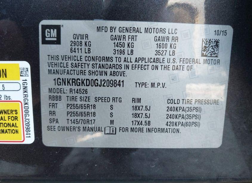 Photo 9 of 2016 Chevrolet Traverse 1LT (VIN 1GNKRGKD0GJ209841)