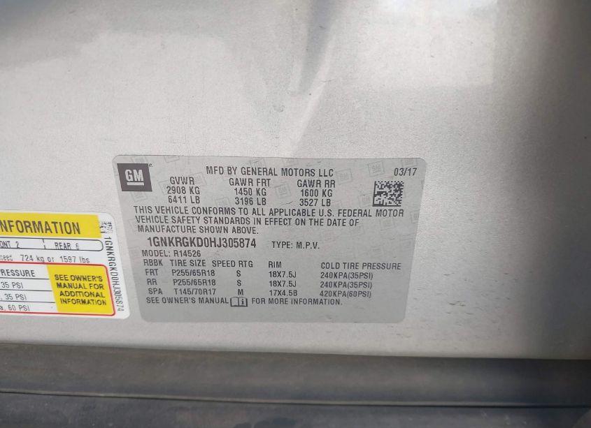 Photo 9 of 2017 Chevrolet Traverse 1LT (VIN 1GNKRGKD0HJ305874)