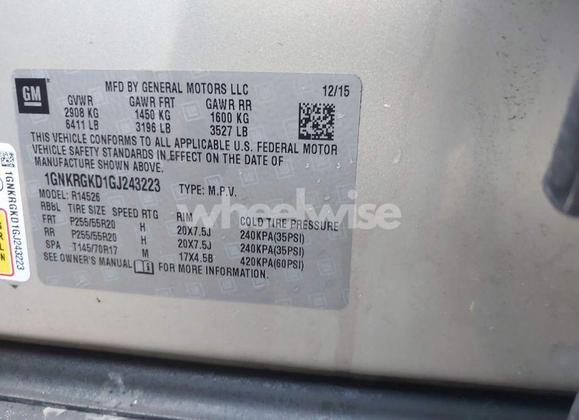 Photo 9 of 2016 Chevrolet Traverse 1LT (VIN 1GNKRGKD1GJ243223)