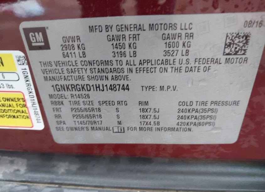 Photo 9 of 2017 Chevrolet Traverse 1LT (VIN 1GNKRGKD1HJ148744)