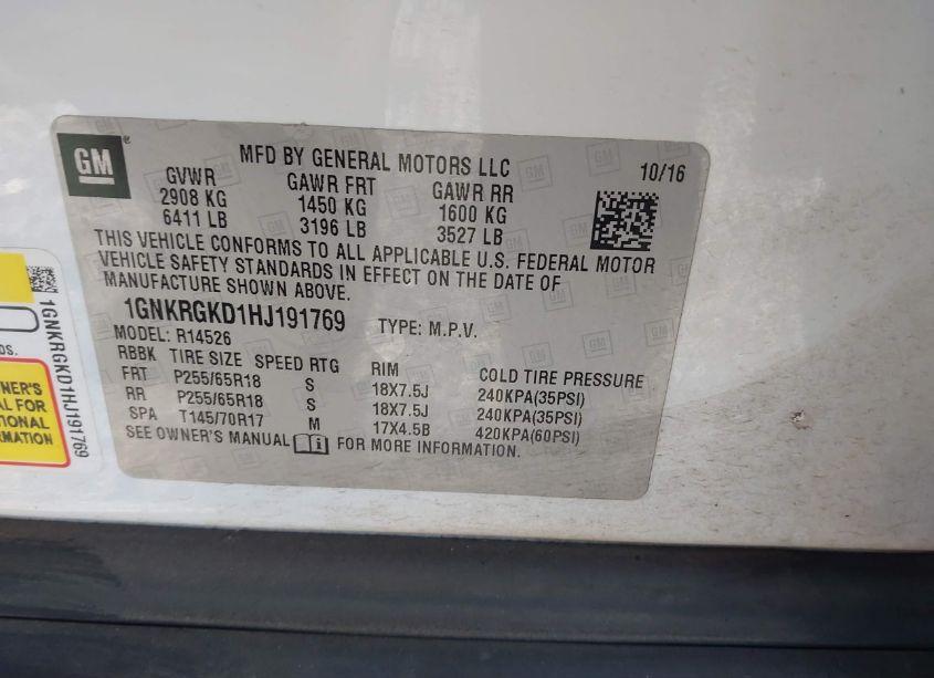 Photo 9 of 2017 Chevrolet Traverse 1LT (VIN 1GNKRGKD1HJ191769)