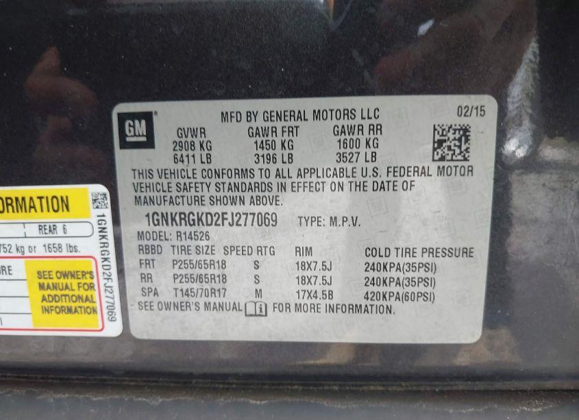 Photo 9 of 2015 Chevrolet Traverse 1LT (VIN 1GNKRGKD2FJ277069)