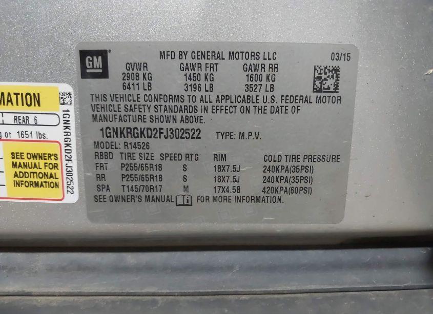 Photo 9 of 2015 Chevrolet Traverse 1LT (VIN 1GNKRGKD2FJ302522)