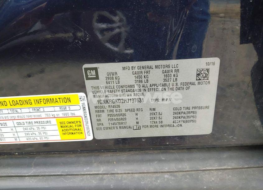 Photo 9 of 2017 Chevrolet Traverse 1LT (VIN 1GNKRGKD2HJ197631)