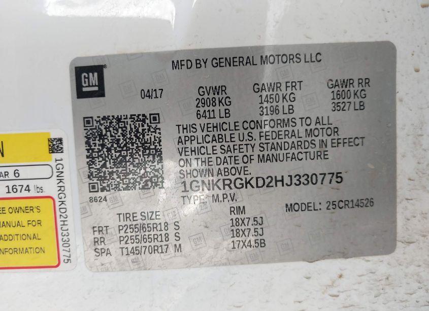 Photo 9 of 2017 Chevrolet Traverse 1LT (VIN 1GNKRGKD2HJ330775)