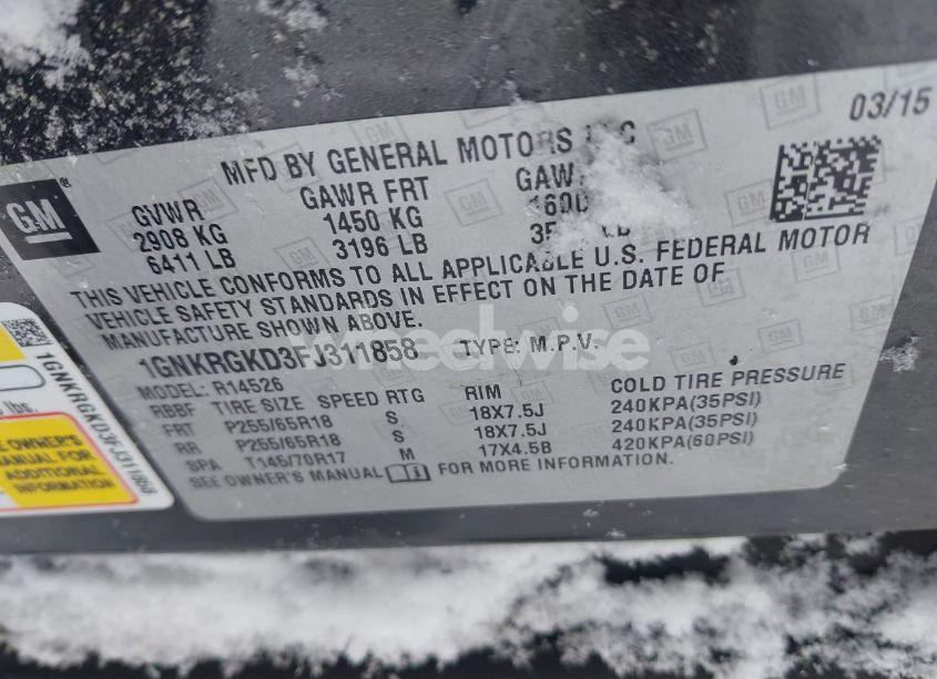 Photo 9 of 2015 Chevrolet Traverse (VIN 1GNKRGKD3FJ311858)