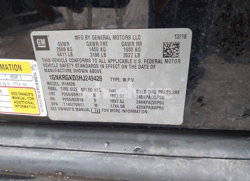 Photo 9 of 2017 Chevrolet Traverse 1LT (VIN 1GNKRGKD3HJ249428)