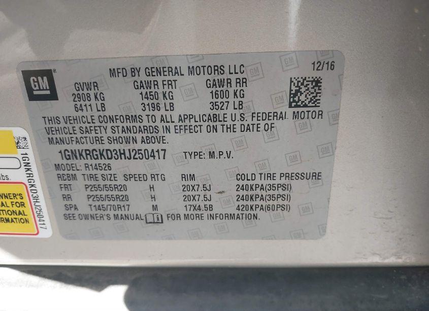 Photo 9 of 2017 Chevrolet Traverse 1LT (VIN 1GNKRGKD3HJ250417)