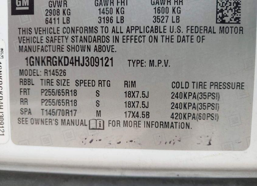 Photo 9 of 2017 Chevrolet Traverse 1LT (VIN 1GNKRGKD4HJ309121)