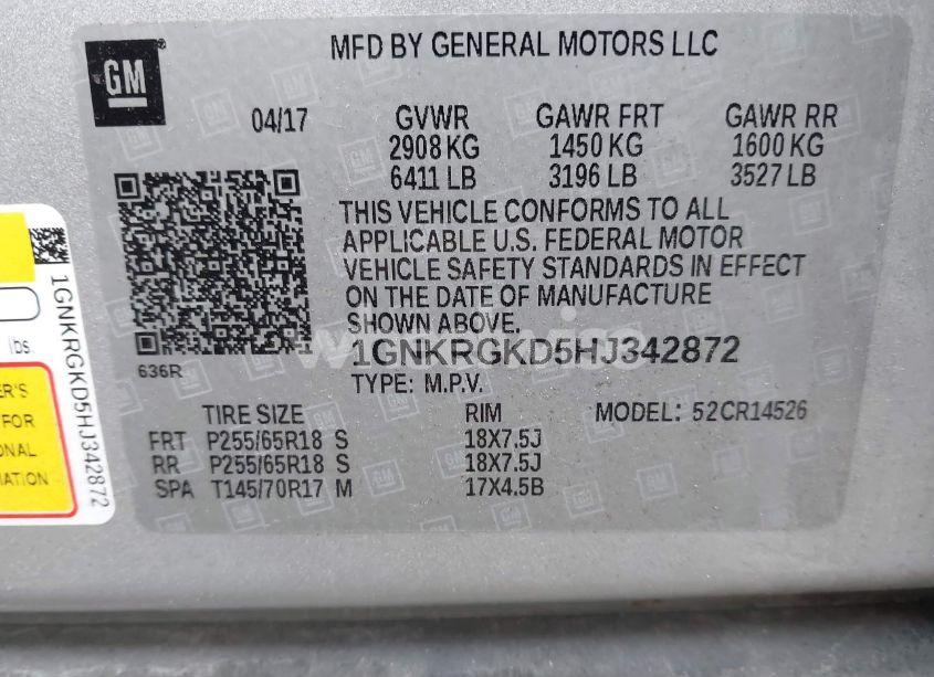 Photo 9 of 2017 Chevrolet Traverse 1LT (VIN 1GNKRGKD5HJ342872)