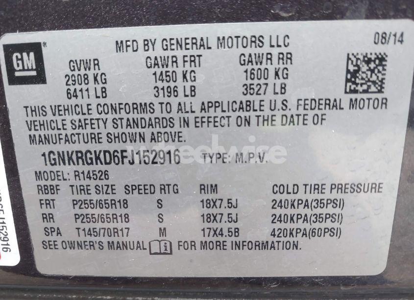 Photo 9 of 2015 Chevrolet Traverse 1LT (VIN 1GNKRGKD6FJ152916)