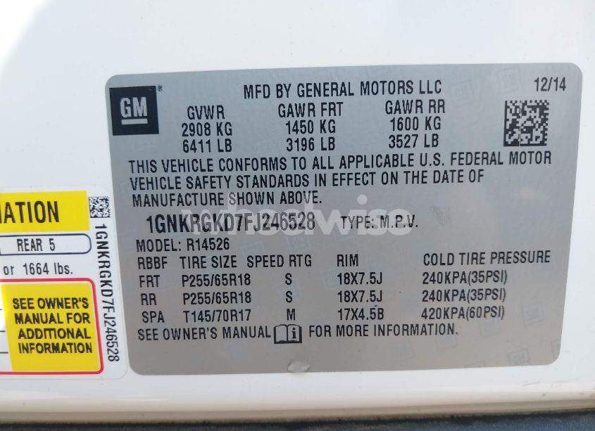 Photo 9 of 2015 Chevrolet Traverse 1LT (VIN 1GNKRGKD7FJ246528)