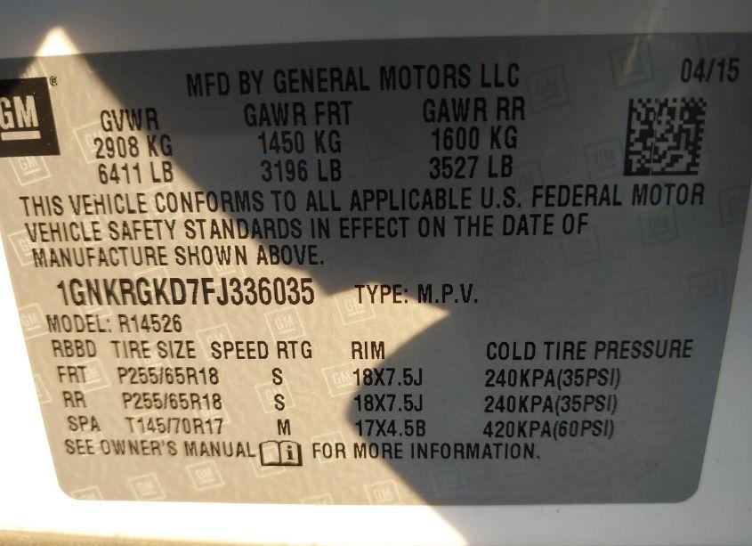 Photo 9 of 2015 Chevrolet Traverse 1LT (VIN 1GNKRGKD7FJ336035)